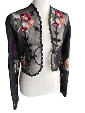 Vintage Embroidered Mesh El-Ana Floral Bolero Jacket Scalloped Trim Illusion